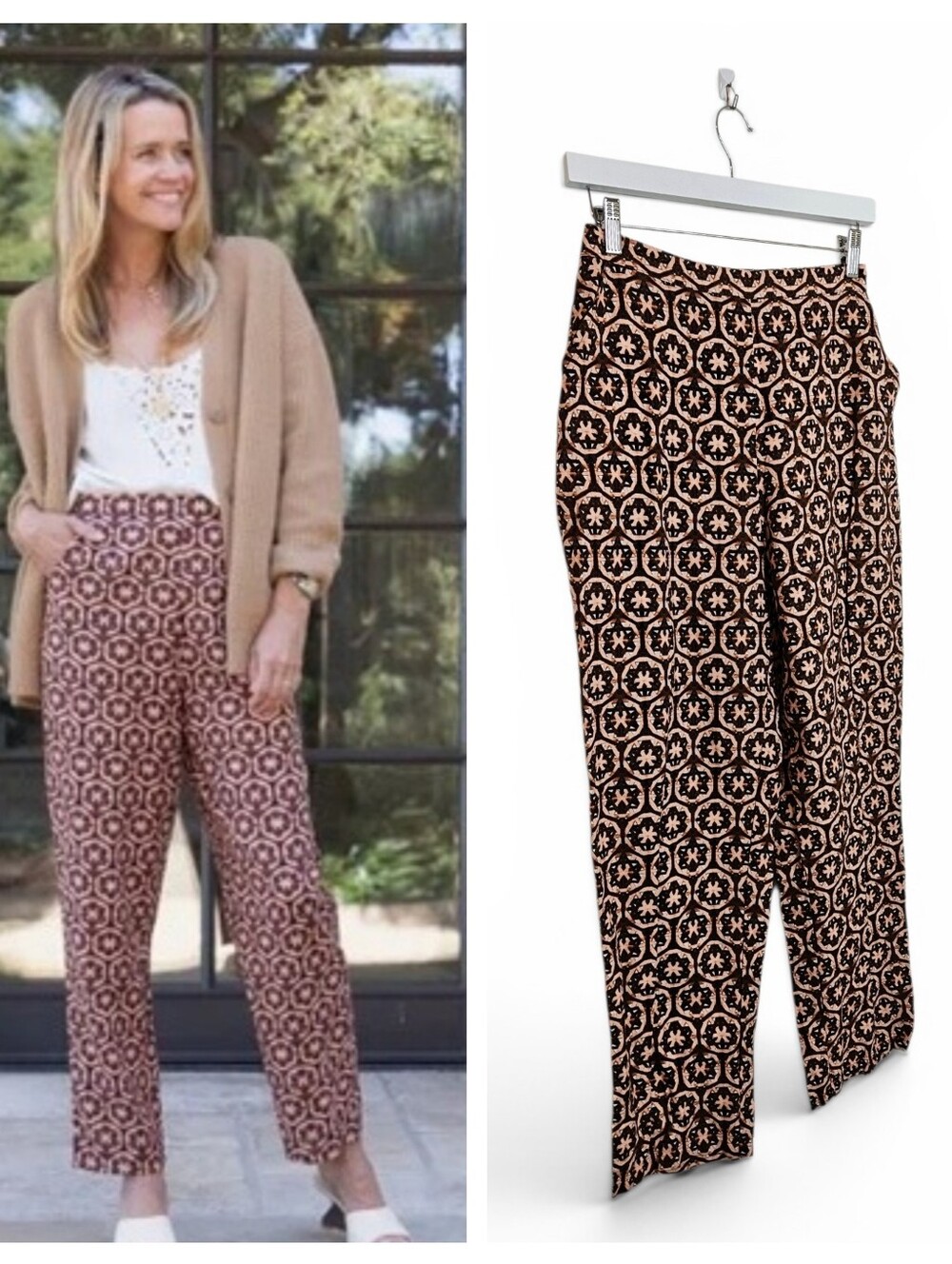 Mason's Daughter Linen Blend Pants Womens S High Waist Crop Brown Pink Geo Print